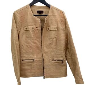 Dana Buchman Womens Tan Linen Blend Blazer Jacket Size 12 Collarless Zip Pockets
